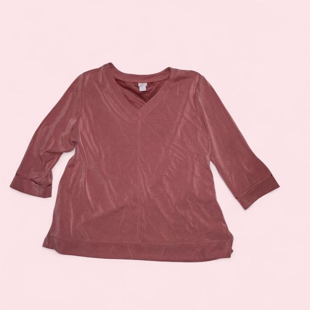 Chicos Zenergy Pink Velour V-Neck Pullover Top Womens Size 3 XL 3/4 Sleeve